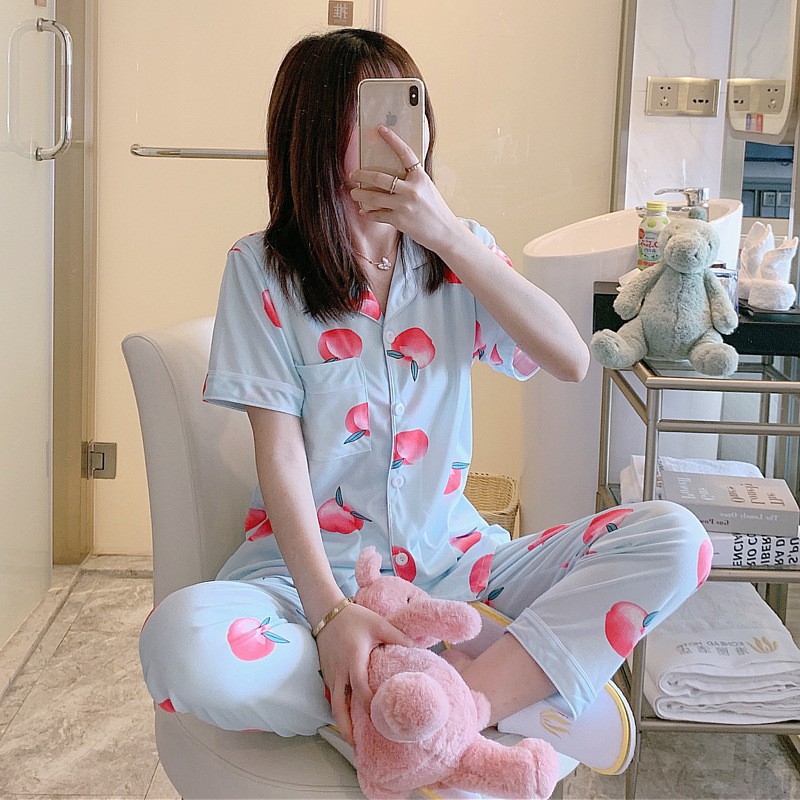 BAJU TIDUR PIYAMA SET KEMEJA CP LENGAN PENDEK CELANA PANJANG IMPORT PREMIUM BANYAK MOTIF PART 2-Peach Blue