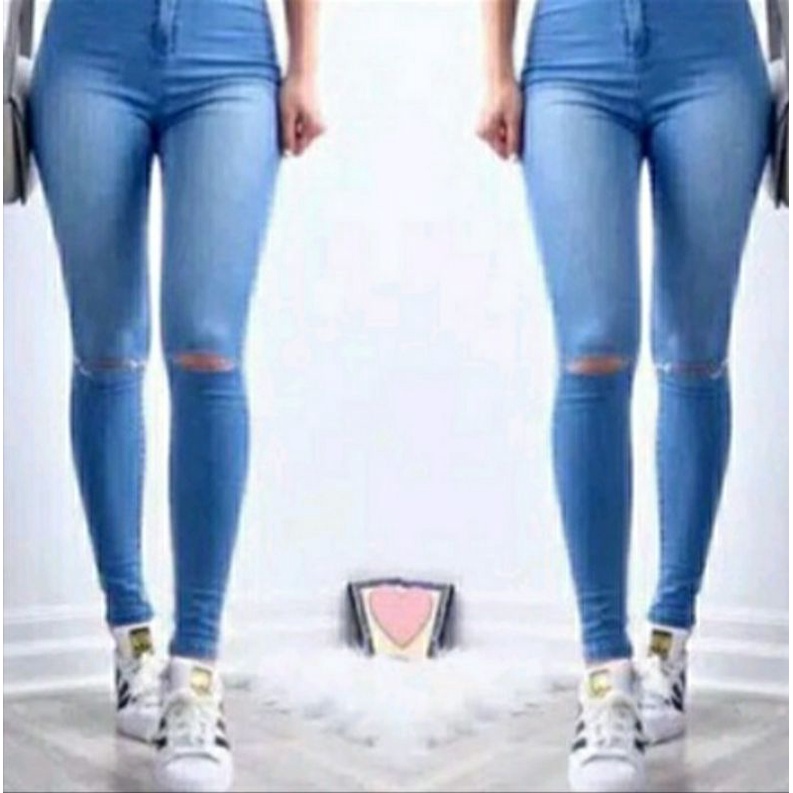 Celana jeans HW wanita sobek lutut Size 27-34