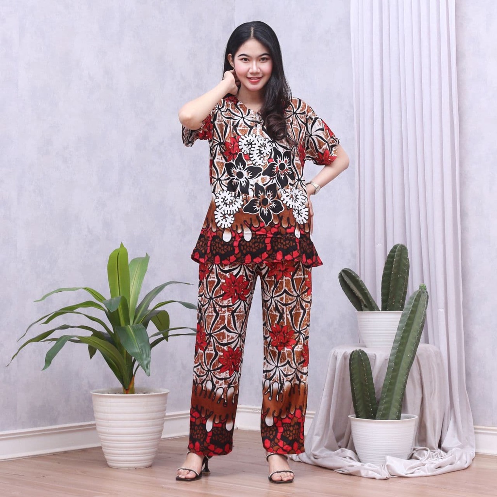 Batik Prass - Setelan Baju Tidur Busui Lengan Pendek - Piyama Batik Terbaru - Baju Santai-SUSAN MERAH