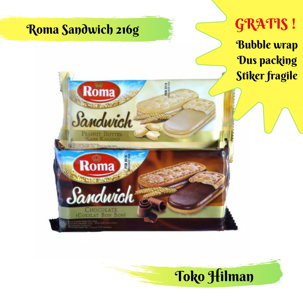 

Roma Sandwich Chocolate dan Peanut 216 g Wafer /Snack Coklat dan Kacang