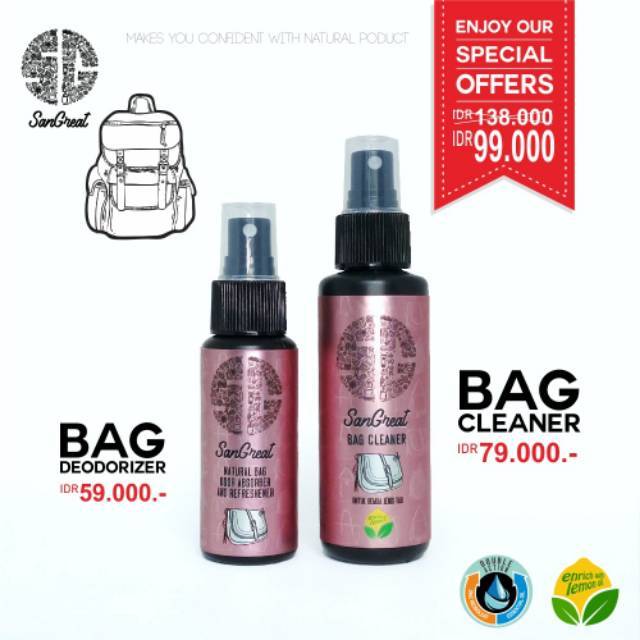 Paket bag cleaner dan bag deodorizer, pembersih tas dan penghilang bau tas, pewangi tas