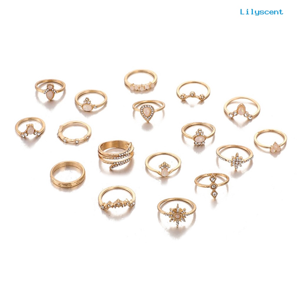 Ls 17Pcs / Set Cincin Wanita Hias Batu Permata / Berlian Imitasi Gaya Bohemian Untuk Kencan / Hadiah
