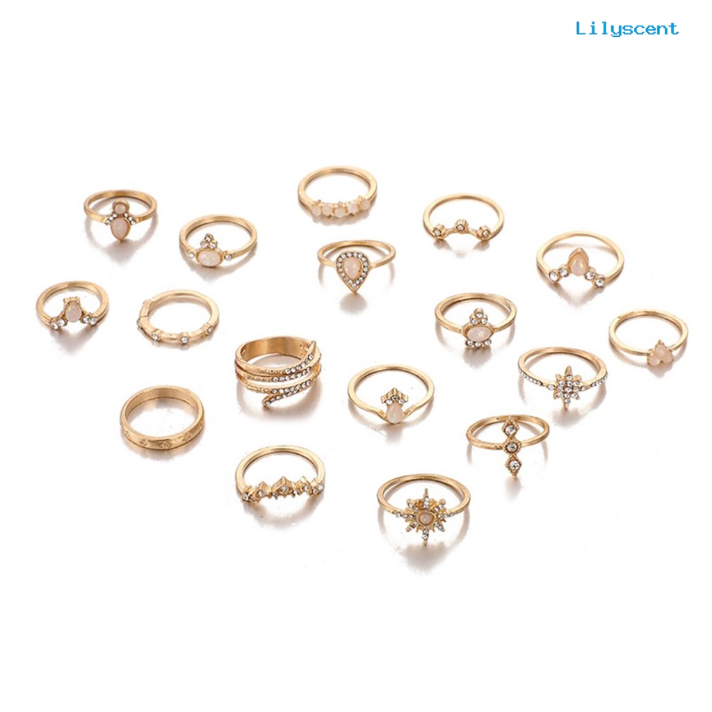 17pcs / Set Cincin Jari Permata Berlian Imitasi Gaya Bohemian Untuk Wanita