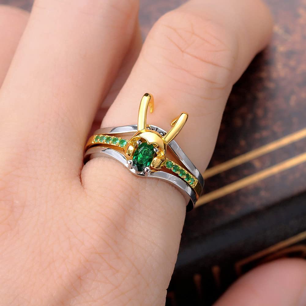 3 in 1 Cincin Desain Helm Thor Loki Marvel Merchandise Loki Bahan Metal Alloy Kristal Hijau