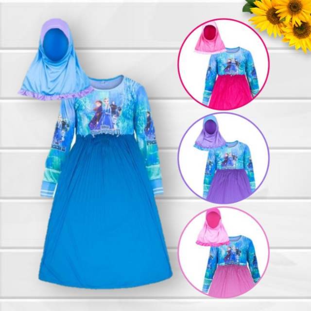 FREE JILBAB  BAJU GAMIS MUSLIM ANAK FROZEN LED LAMPU NYALA MURAH GROSIR KONVEKSI / FZ. POLOS