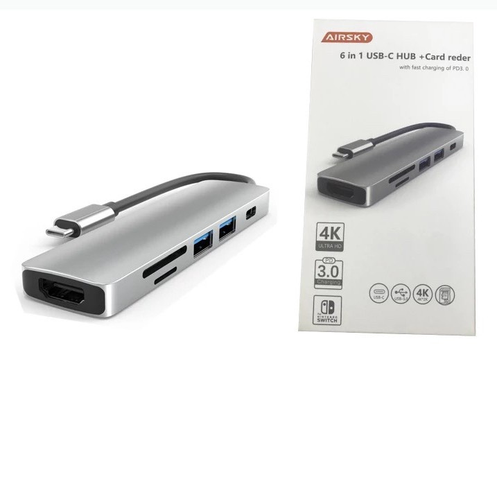 USB TYPE C AIRSKY HUB 6 in 1 TO HDMI 4K,Card Reader,USB3.0,pD 3.0