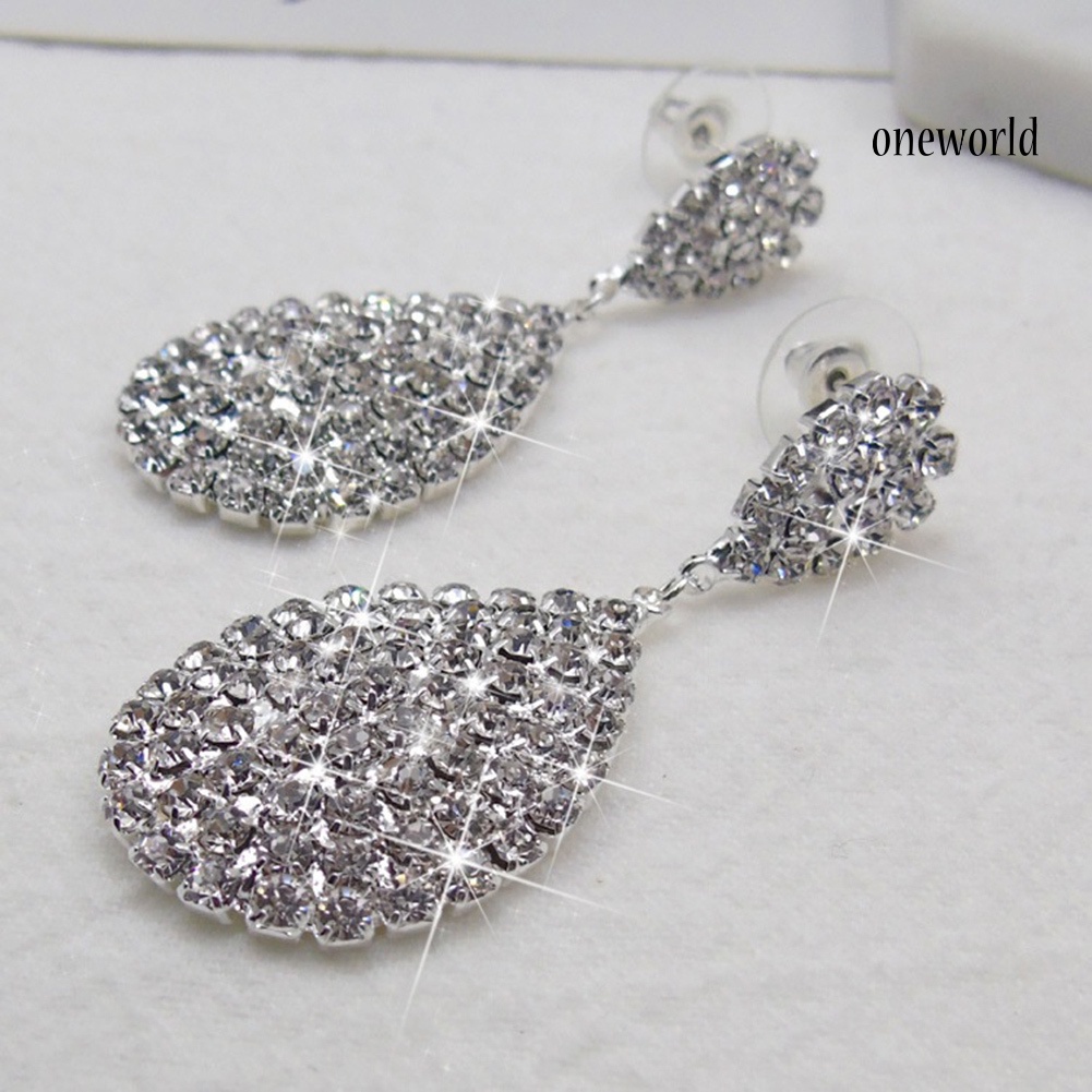 OW@ Women Fashion Rhinestone Waterdrop Dangle Stud Earrings Wedding Party Jewelry