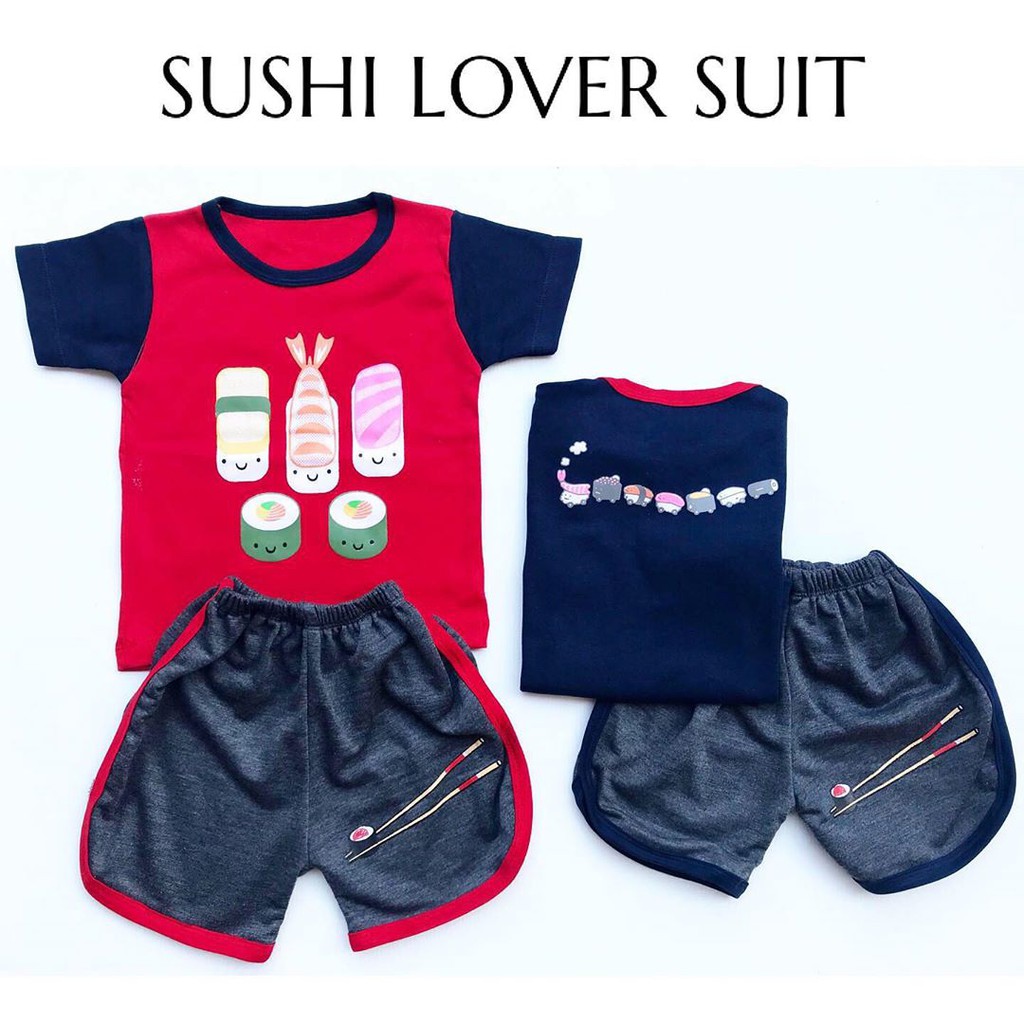 SUSHI LOVER Baju setelan kaos celana pergi jalan lucu fashion anak bayi cowok laki murah