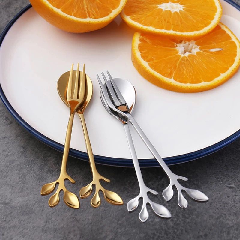 sendok garpu kecil motif daun / leaf coffee tea spoon fork stainless dessert / sendok garpu teh kopi kue buah