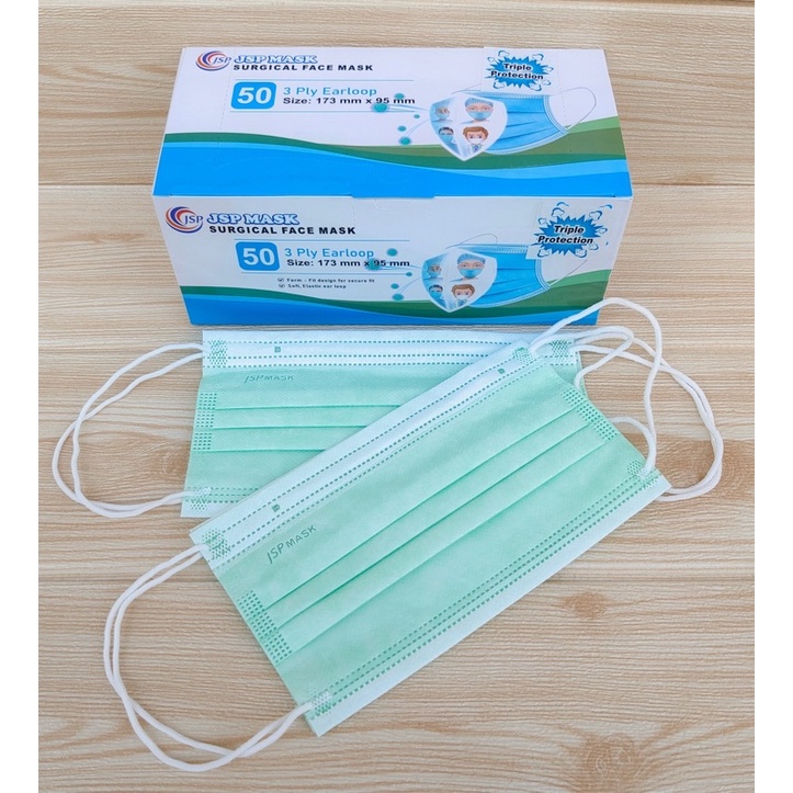 Masker JSP HIJAU Surgical facemask earloop 3ply isi 50/box