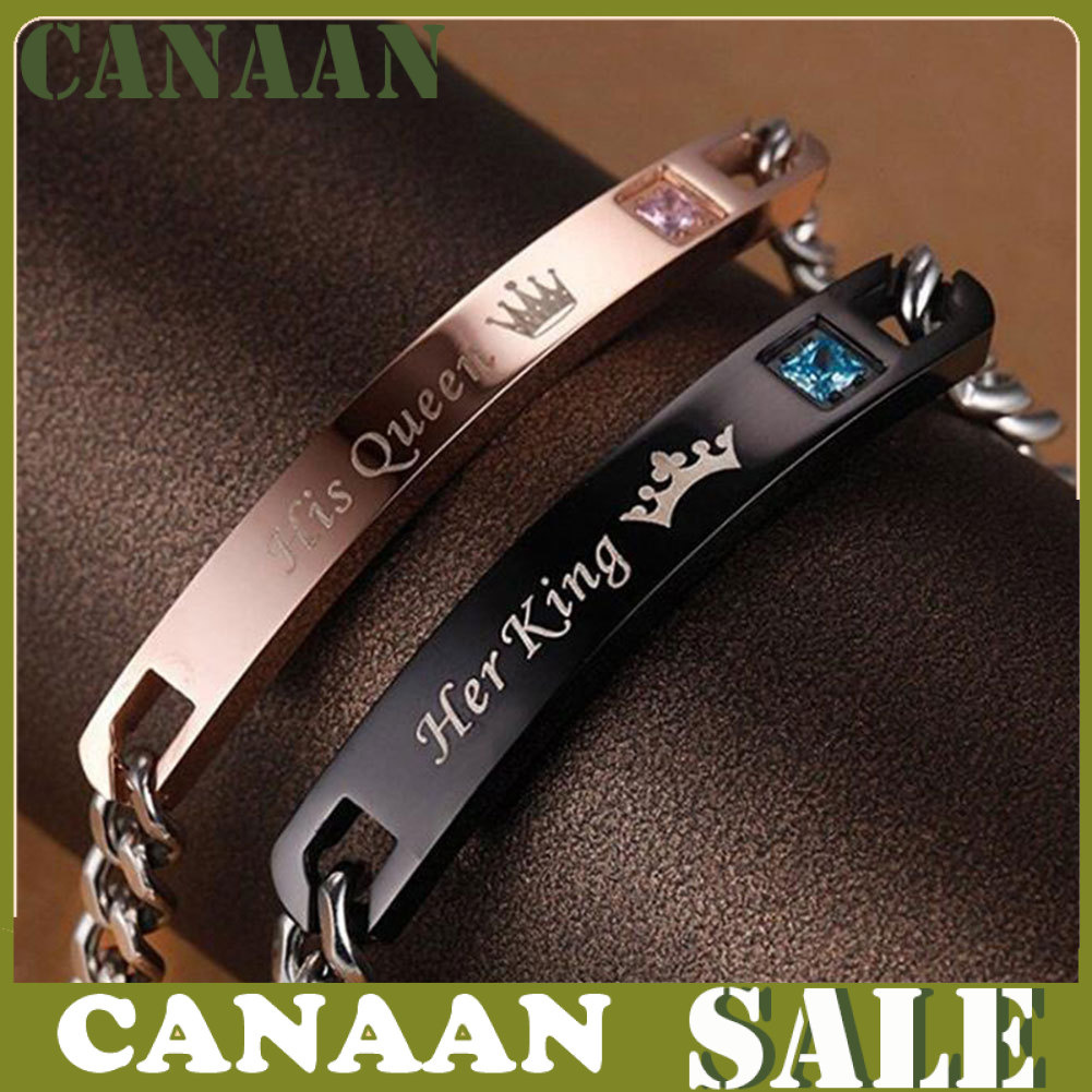 Canaan Gelang Tangan Rantai Titanium Steel Motif Tulisan His Queen / Her King Untuk Pasangan / Pria / Wanita