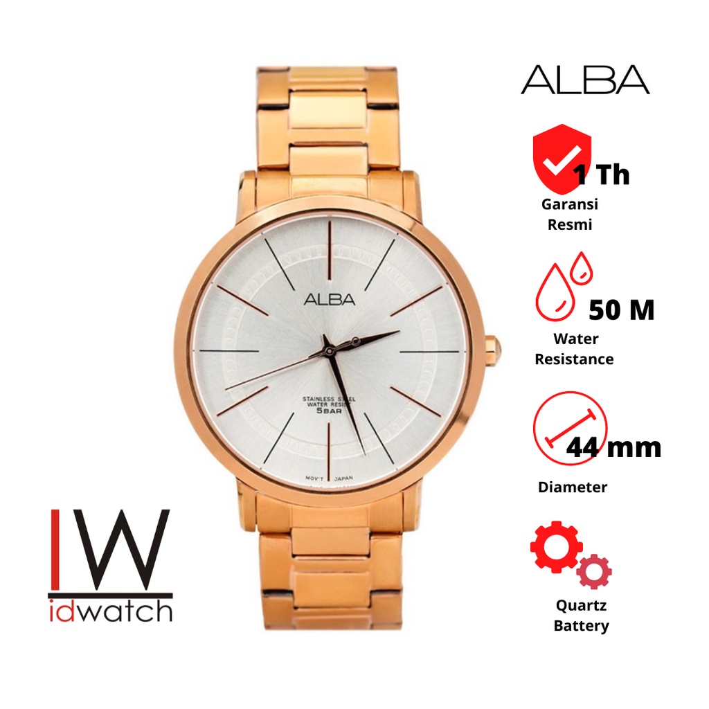 Alba AH8396X1 Jam Tangan Pria Original AH8396 Quartz Strap Rantai Stainless Rose Gold Cowok
