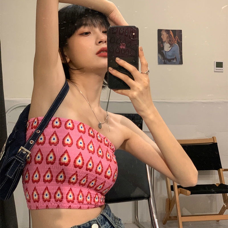 Tube top wanita musim panas seksi off-the-shoulder pink love short tube top bisa dipakai di luar raj