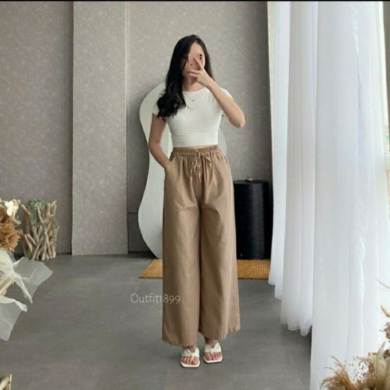 Celana Kulot Katun Linen Wanita Rami Highwaist Pinggang Karet Tali