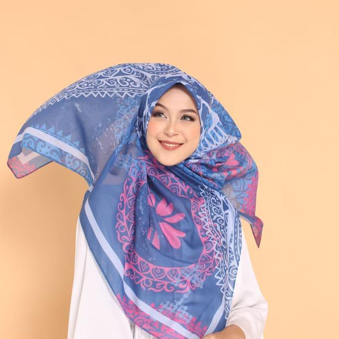 Hijab Segi Empat, Motif Biru Muda, Jilbab Bahan Voal, Premium, Jatuh, S91 Premium Harga Grosir