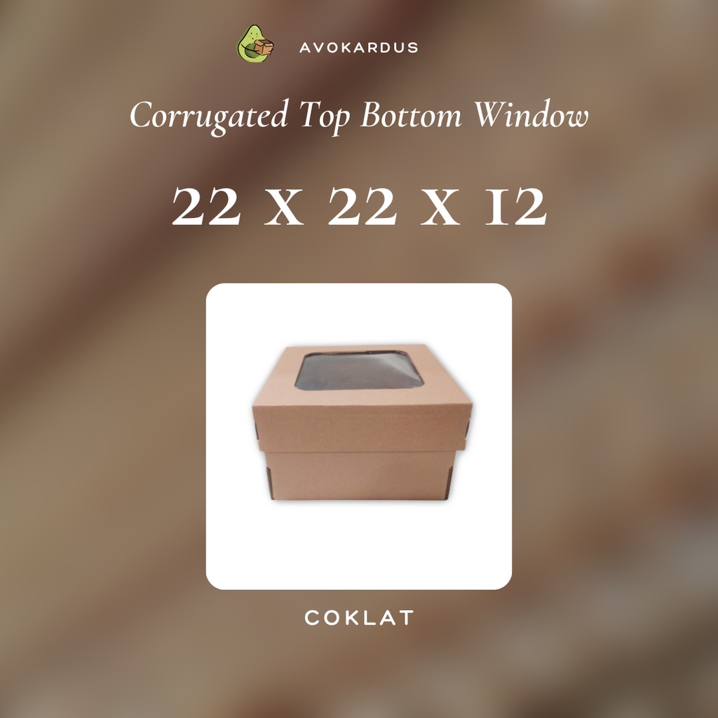 

Kardus Corrugated Window 22x22x12 Top Bottom Kotak Dus Kue Tart Die Cut