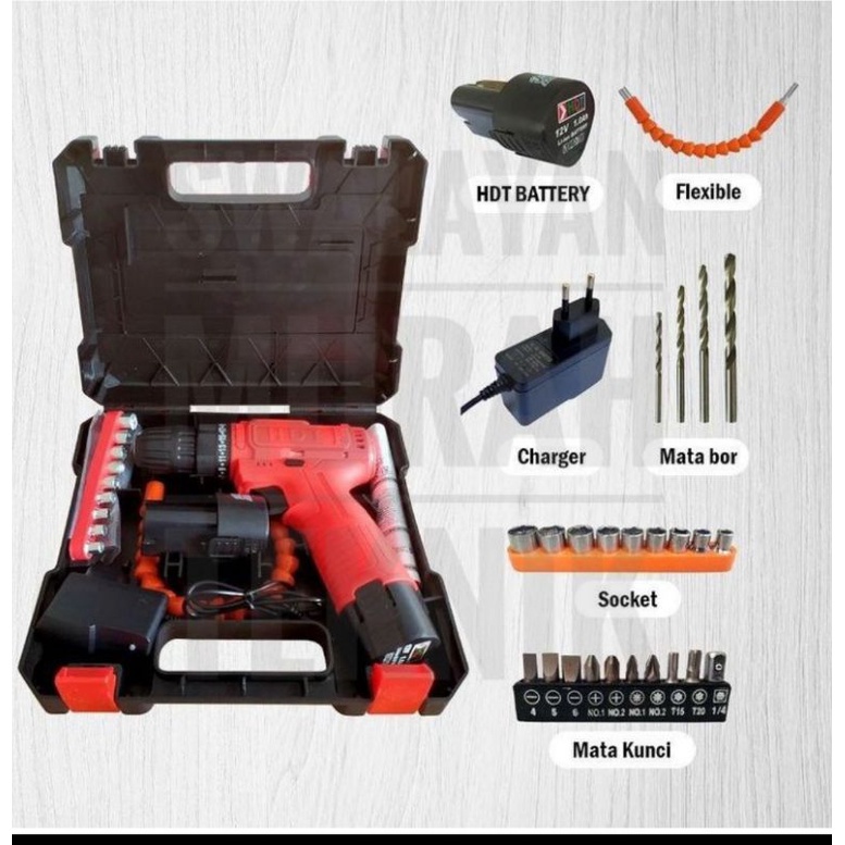 Bor baterai cordless 12v HDT CDD405 full set 1&2 baterai mata bor lengkap CDD 405
