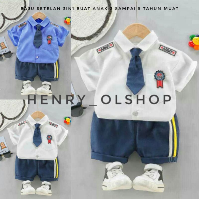 BAJU SETELAN ANAK LAKI LAKI TENTARA SET 3 IN 1 WARNA BIRU PUTIH BUSANA KID COWOK KEKINIAN ARMY PAKAI