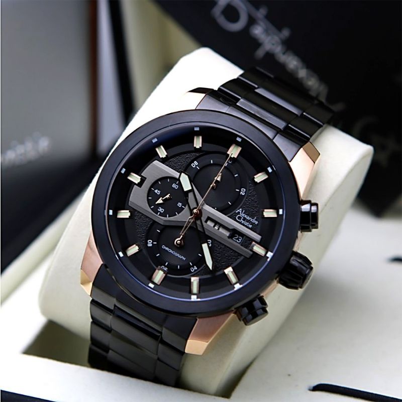 JAM TANGAN PRIA ALEXANDRE CHRISTIE AC 6559 BLACK ROSEGOLD ORIGINAL