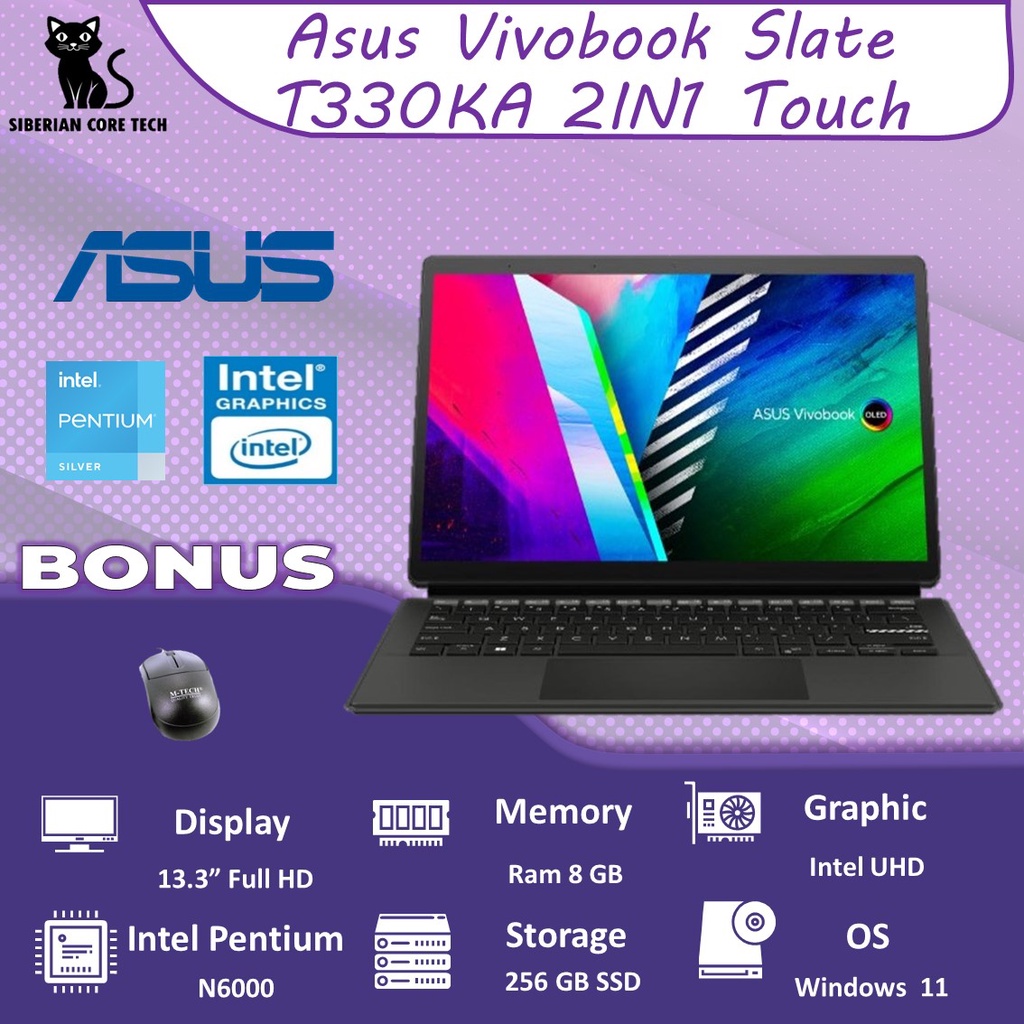 LAPTOP ASUS VIVOBOOK 2IN1 TOUCH SLATE T3300KA OLED 2IN1 TOUCH PENTIUM N6000 4GB 256SSD W11 13.3FHD