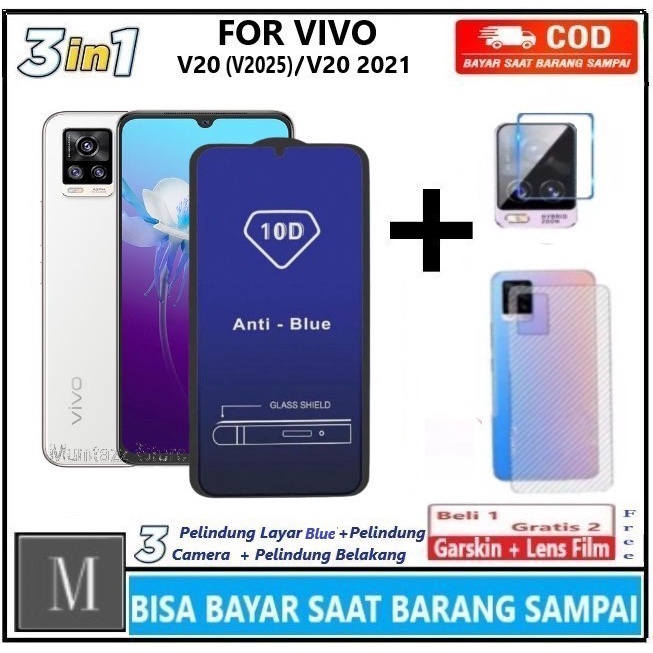Paket 3in1 Tempered Glass Anti Blue Light Vivo V20 ( V2025 ) / V20 2021 Full Cover Anti Radiasi Caha