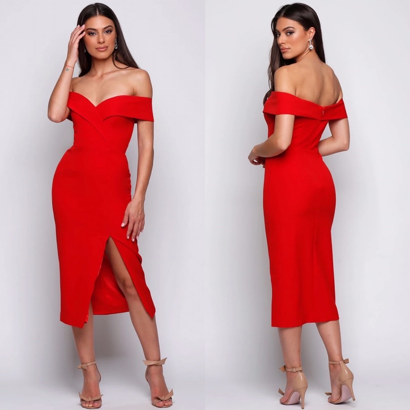 MAGNOLIA DRESS - Sabrina dress wanita off shoulder slit midi dress baju big size ukuran besar bodyco