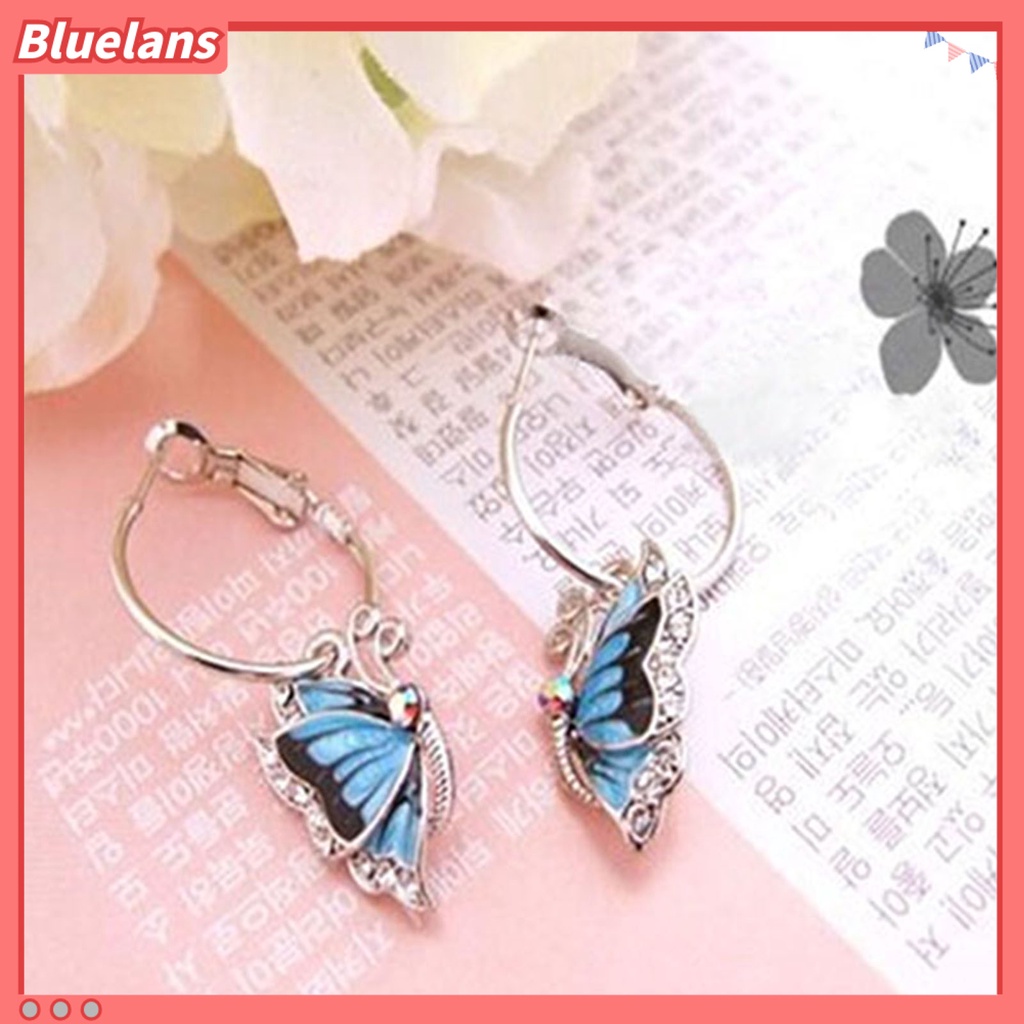 Bluelans Women 1Pair Blue Crystal Rhinestone Enamel Butterfly Dangle Hoop Earrings Earbob