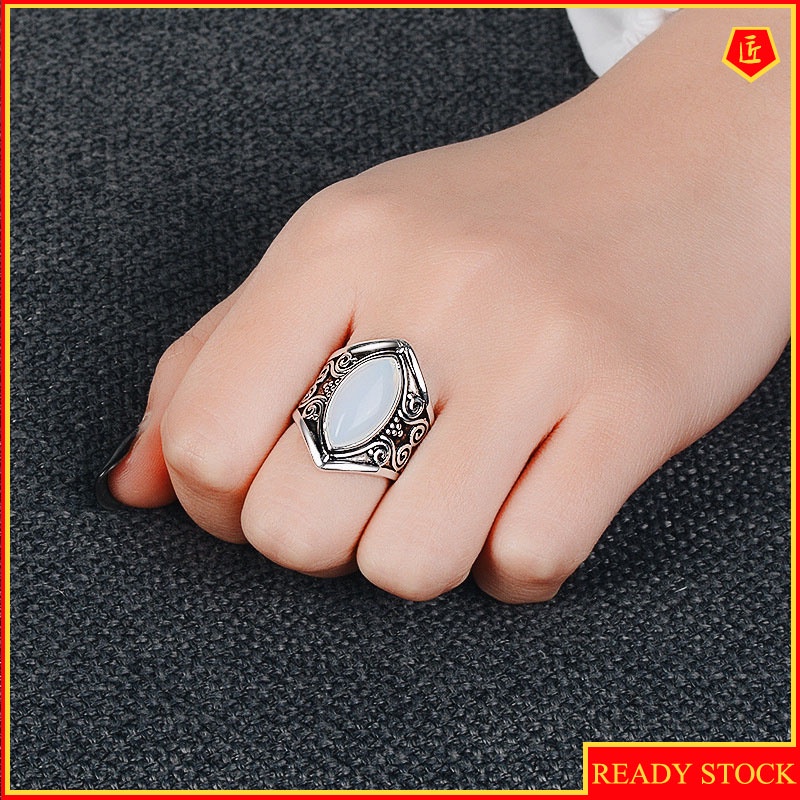 [Ready Stock]Fashion Retro Moonstone Opal Silver Ring Punk Exaggerated