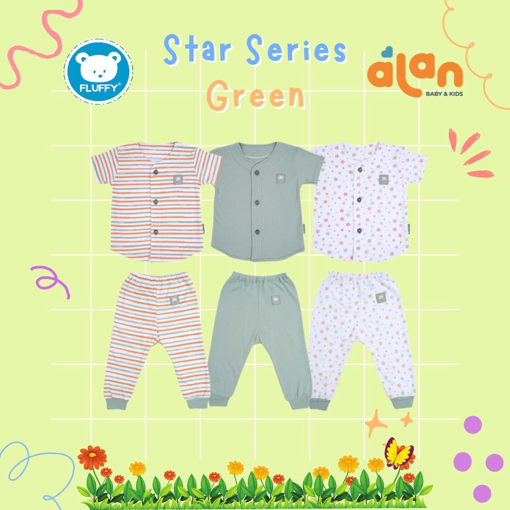 Fluffy Stelan Kancing Depan Lengan Pendek Celana Panjang isi 3 - Star Series Green (FY-SBDJ)