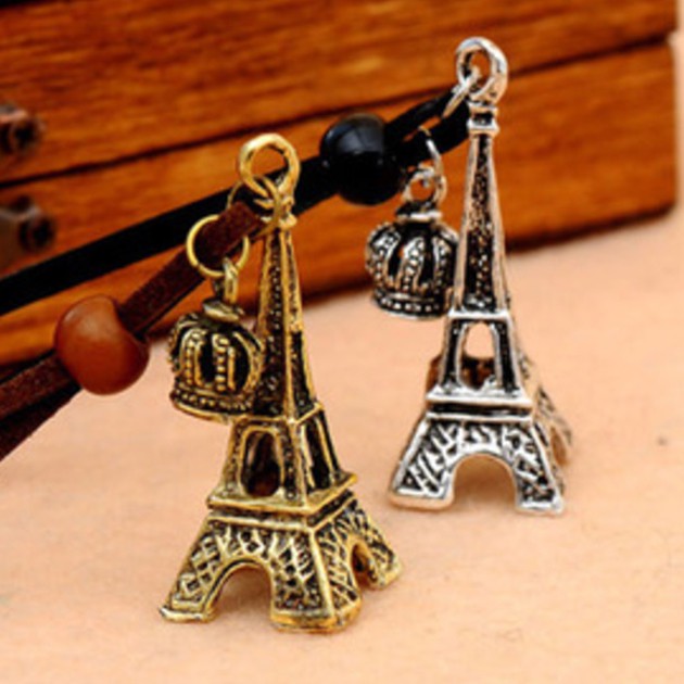 kalung menara Eiffel / vintage Eiffel Tower Crown leather cord (2J2) JKA021