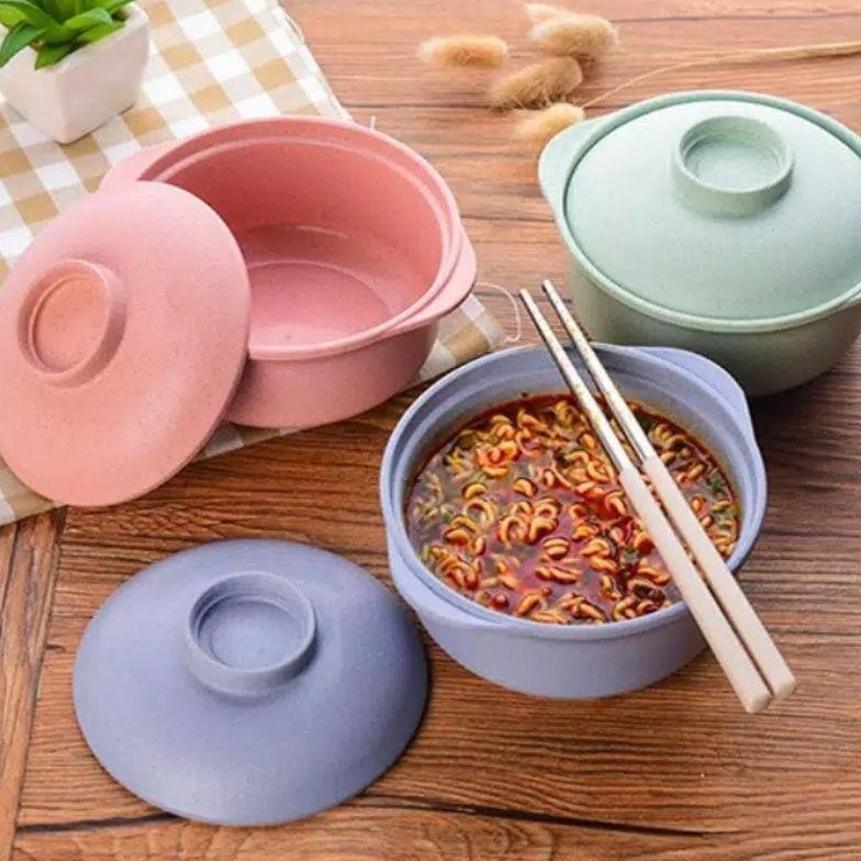 Sgmshop Bowl Jerami Mangkok Tutup 2in1 Dan Sendok Gandum Tahan Panas BPA Free Mangkuk Sayur Baskom M