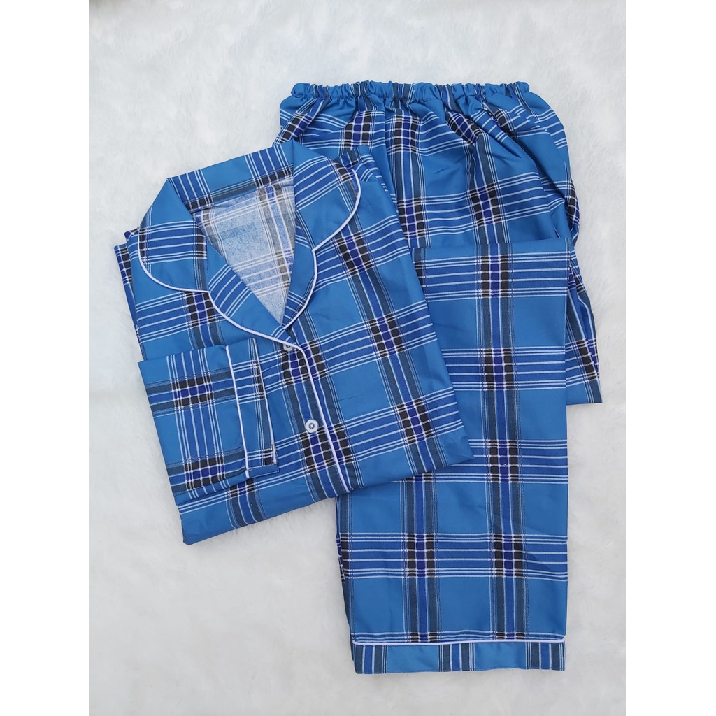 JNV Piyama PP Wanita Motif Kotak 2 - Baju Tidur Lengan Panjang - Bahan Katun Premium-Berry-Berry Biru