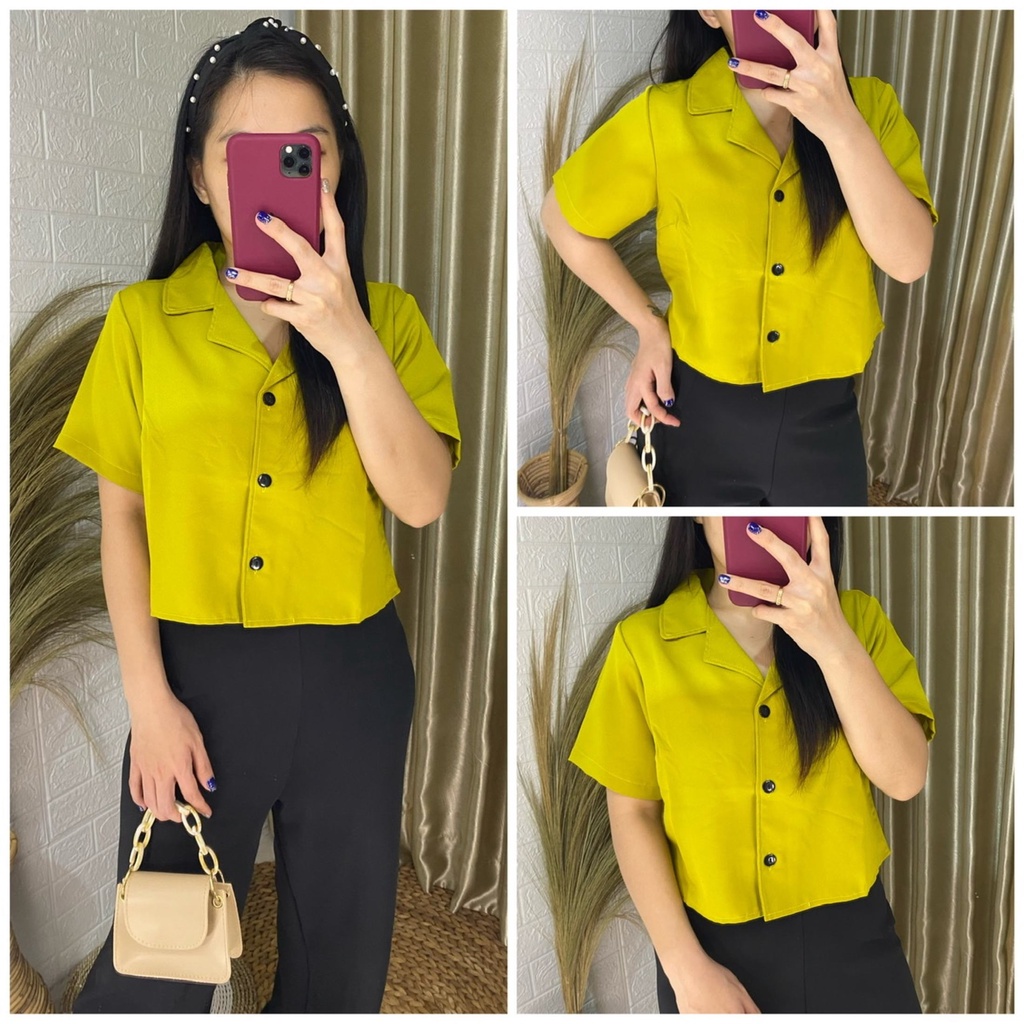 WSE390 - Kemeja Crop Raline Croptop Shirt Kemeja Krop Lengan Pendek