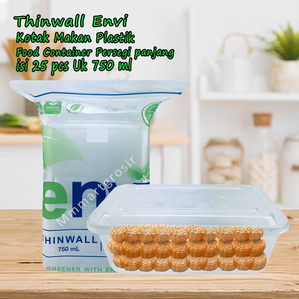 Thinwall Envi / Kotak Makan+Tutup Plastik / Food Container Persegi panjang / isi 25pcs uk 750 ml
