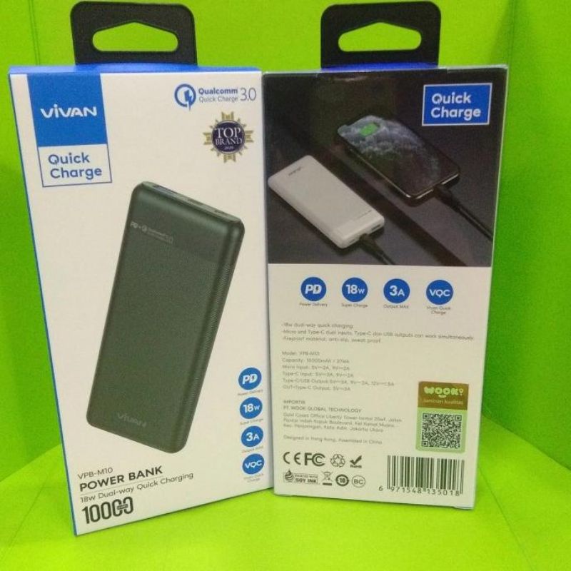 VIVAN M-10 Power Bank 10000mAh PD QC3.0 Fast Charging 18W Powerbank 2 Input 2 Output 18Watt Original