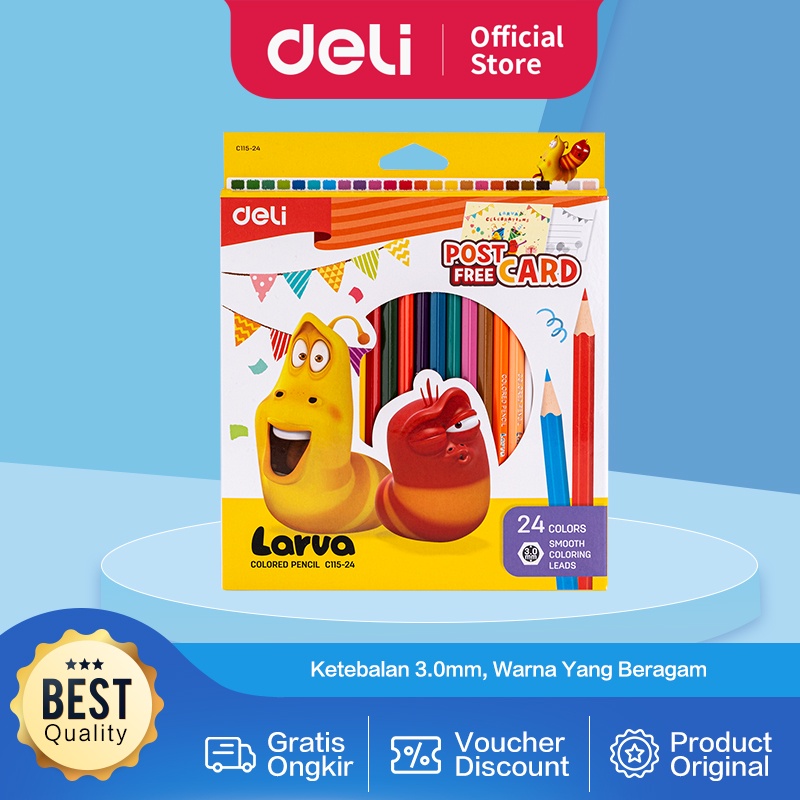 Deli Larva School Color Pencil / Pensil Warna 12/24 Warna Mudah Diraut Warna Cerah dan Tebal EC115-1