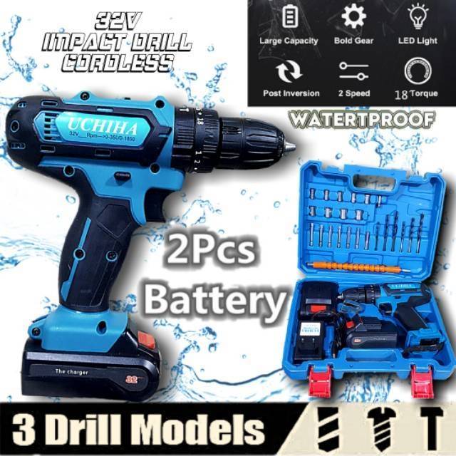 Mesin bor baterai tanpa kabel cordless impact drill full  type 32v uchiha japan beton besi kayu baja