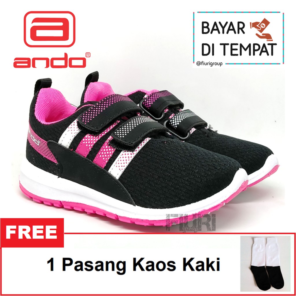 FIURI - ANDO ORIGINAL -  VIVIAN PEREKAT 29-32 HITAM PINK - SEPATU SNEAKERS KANVAS SOL KARET ANAK KECIL PEREMPUAN  - SEPATU KETS LUCU FASHION TRENDY - SEPATU SEKOLAH PAUD TK SD KRETEKAN PEREKAT CEWEK MURAH PROMO DISKON BONUS KAOS KAKI