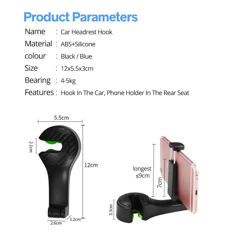 2 In 1 Car Phone Holder Headrest Hook Seat Back Smartphone Stand