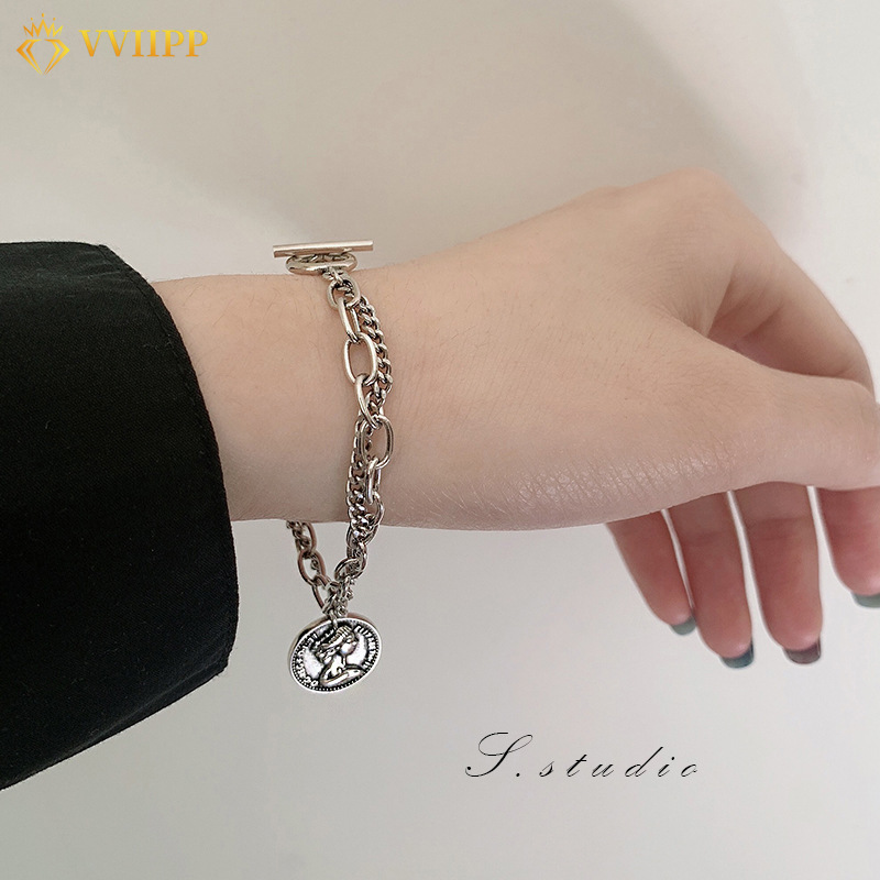 Korean Retro Fashion Portrait Coin Silver Bracelets Personality Creative Chain Multilayer Bracelet Jewelry Accessories