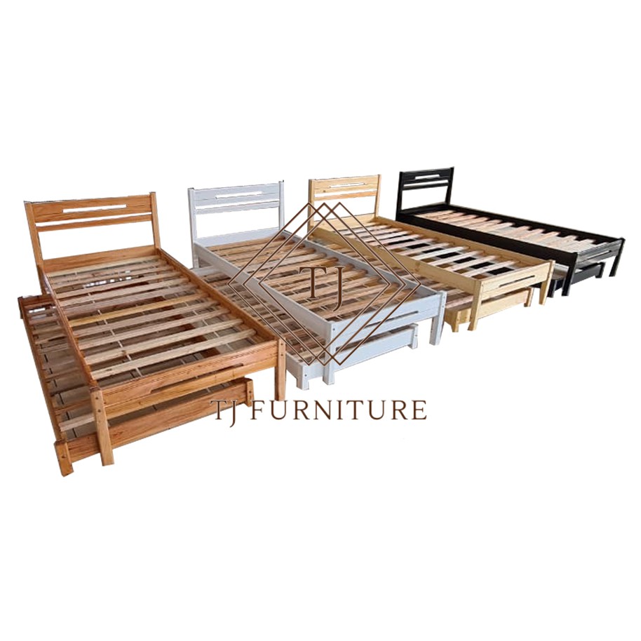 Single Bed +Bed sorong / Ranjang kayu no.4 uk 90x200cm+90x190cm