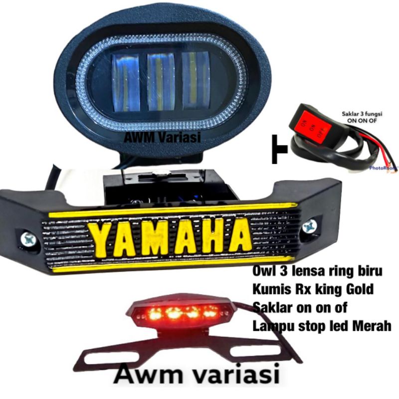 PAKET LAMPU TEMBAK DAYMAKER / OWL 3 LENSA BULAT SPOT LIGHT SUPER TERANG + KUMIS RX KING + SAKLAR + LAMPU STOP BELAKANG