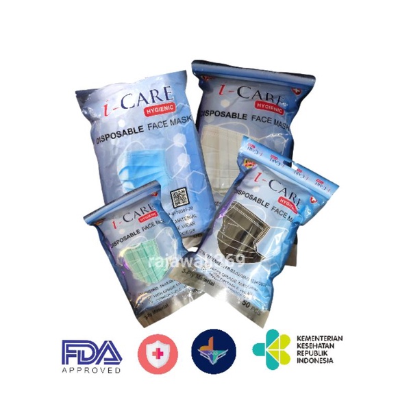 ORI MASKER I-CARE 3ply EARLOOP ZIPLOCK EXTRA HYGENIC SUPER PREMIUM ISI 50PCS KEMENKES