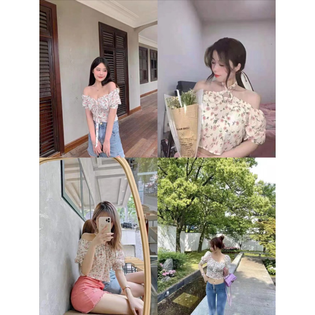 Suhao sangat peri super peri kemeja sifon lengan pendek satu bahu off-the-bahu atasan bunga aprikot