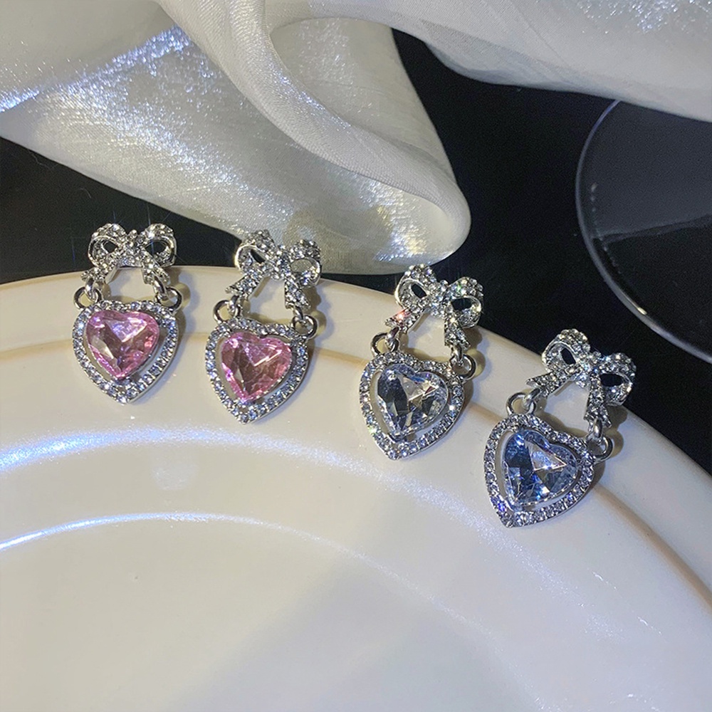 Anting Liontin Hati Besar Aksen Berlian Imitasi Warna pink Gaya retro Untuk Wanita