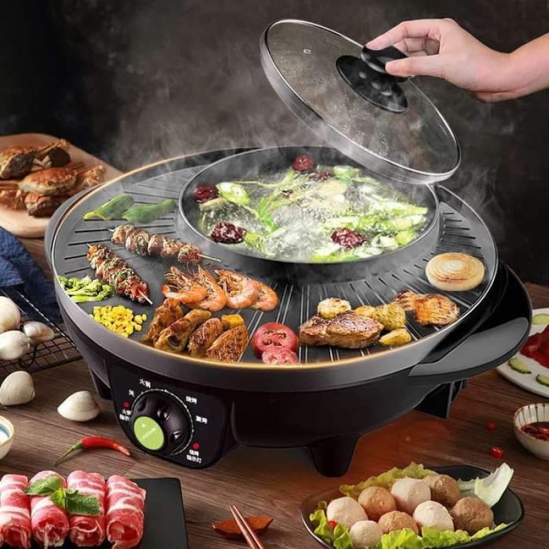 GRILL PAN LISTRIK BULAT JUMBO BBQ HOTPOT KOREA JEPANG STEAMBOAT TEPPANYAKI ANTI LENGKET HOT POT BBQ 2 IN 1 BAKAR BAKSO Sate Sosis Rebus Goreng Bakar Panci Listrik Barbeque Steamboat Teppanyaki Panggangan