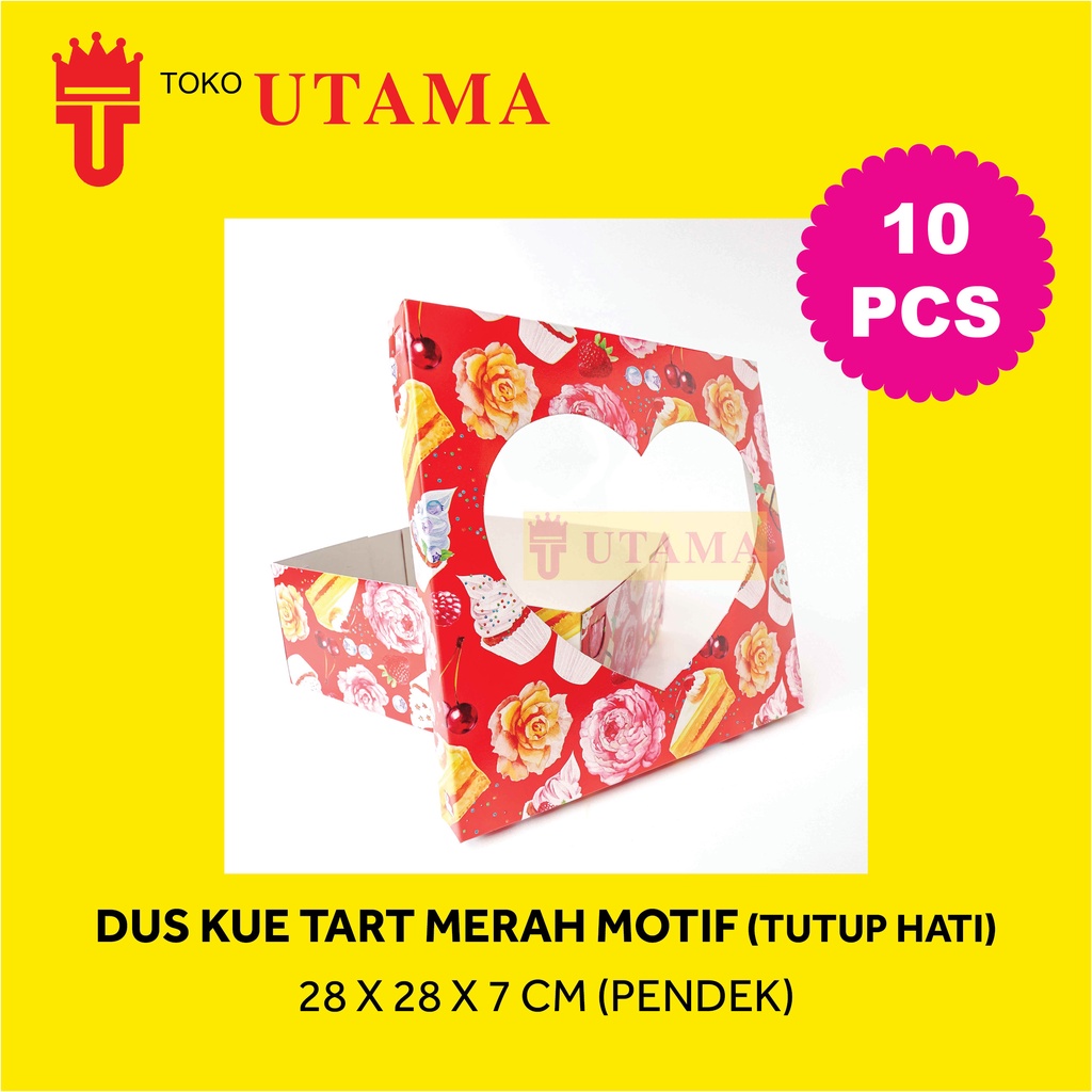 (10pcs) 28 x 28 x 7 CM Pendek Dos DUS DUPLEX Kue Tart Merah Motif Cetak Tutup Hati