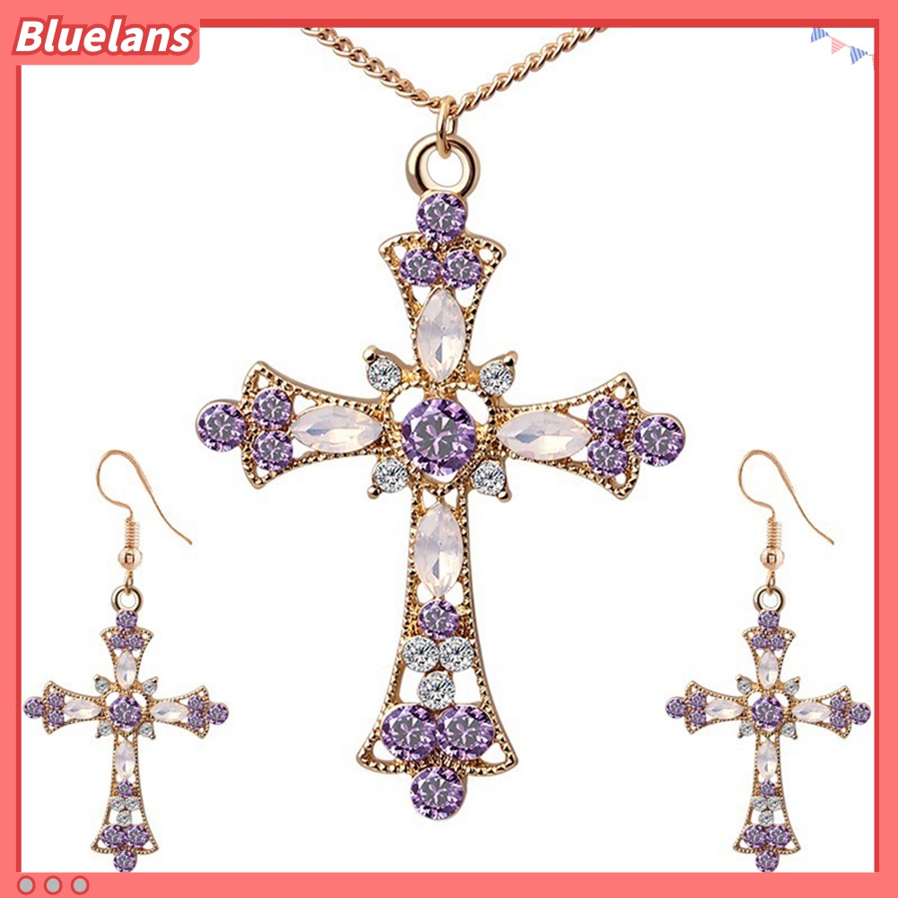 Bluelans Women Rhinestone Inlaid Cross Pendant Chain Necklace Hook Earrings Jewelry Set