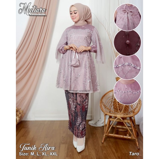 Zaja - Baju Set Tunik Aira Rempel Payet Dada &amp; Free Masker + Full Inner Cavali / Stelan Kebaya Modern Terbaru / One Set Baju Wisuda Dan Pesta Cantik Tulle Bordir Twotone / Pakian Baju Seragaman Keluarga Cewek