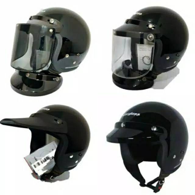 Helm Cargloss Retro Hitam Glossy Kaca Datar dan Cembung
